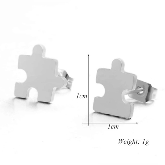 🧩 Stainless Steel Silver Puzzle Piece Stud Earrings NWT - Picture 3 of 5